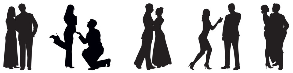 Set of couple in various poses silhouettes collection. 