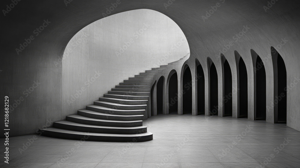 Poster A perfectly symmetrical staircase with repeating patterns and lines,