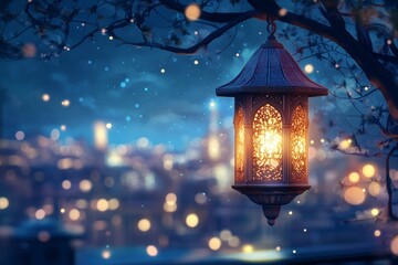 Glowing Lantern Hanging From Tree Branch at Night