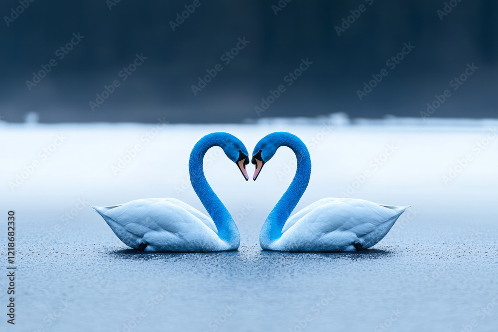 Leinwandbilder two identical swans creating a heart shape with their necks in a symmetrical pose,