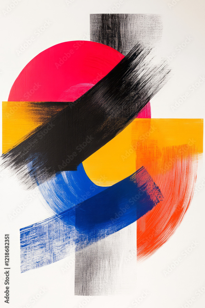 Poster An asymmetrical abstract painting with bold colors and dynamic shapes,