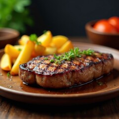 Golden grilled steak served on a wooden plate with crispy potatoes, utensils, kitchen, steak