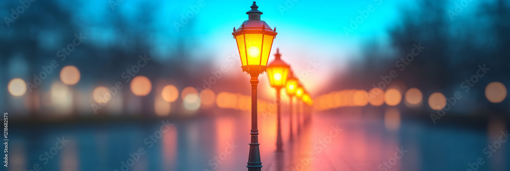Poster A row of lamp posts lining a street, getting smaller in perspective,