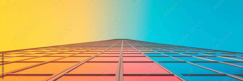 Poster The perspective of looking up at a skyscraper from ground level, showcasing its height,