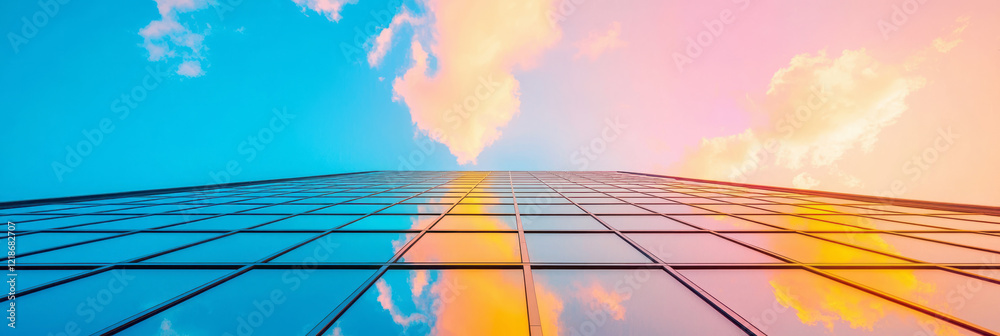 Poster the perspective of looking up at a skyscraper from ground level, showcasing its height,