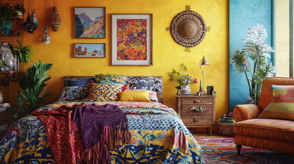 Colorful bedding on wooden bed frame in stylish bedroom with vibrant decor, modern art on walls, and cozy seating area beside window.