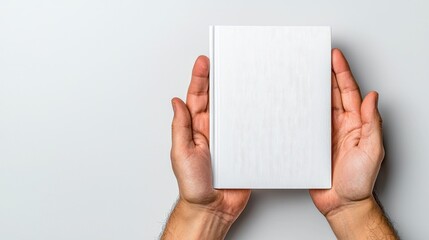 Obraz premium Hands Holding a Blank Textured Book Against a Gray Background