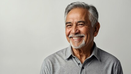 Obraz premium elderly hispanic male in casual wear on white background model portrait smiling for ad concept space for text
