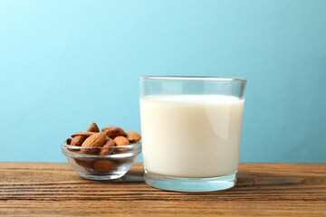 Glass of almond milk on the table 