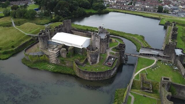 Aerial shot of medieval castle Caerphilly in Wales, august 2024.