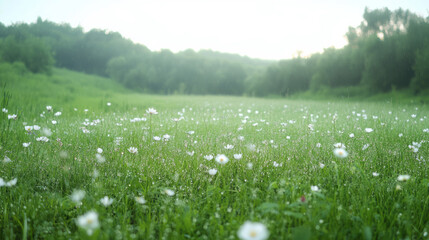 An enchanting meadow covered in morning dew, with a gentle mist rising from the ground,
