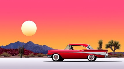 Classic Red Car at Sunset in the Desert