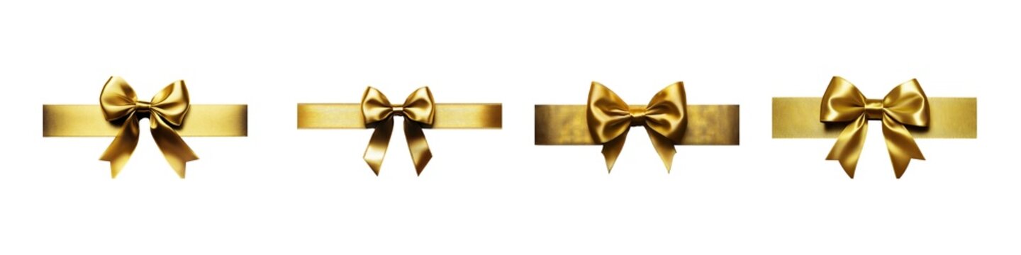 Set of gold silk ribon with bow isolated on transparent background