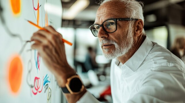 Elderly Man in Smart Shirt Drawing Creative Ideas on Board in Modern Office Environment with Glass Wall