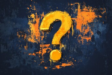 Bold yellow question mark on a textured blue and orange background signifies curiosity and inquiry