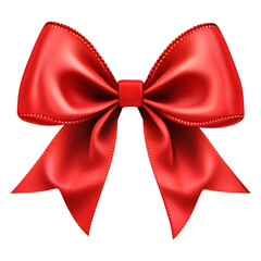A vibrant red satin ribbon bow is displayed isolated on transparent background, cut out, PNG 3D Digital Art.