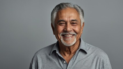 Obraz premium elderly hispanic male in casual wear on pastel color background model portrait smiling for ad concept space for text