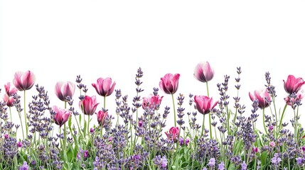 Fototapeta premium Vibrant Field of Purple Flowers Bathed in Soft Natural Light Against a Pure White Background Creating a Tranquil and Refreshing Atmosphere Invoking Feelings of Peace and Serenity