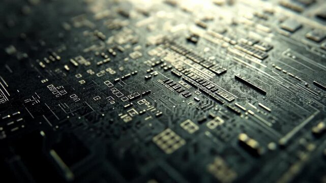 Intricate details of a futuristic, possibly alien, circuit board highlighting the power of computing and data processing in an advanced technological setting