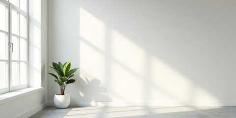 Serene Minimalist Room Interior Design with Sunlight Streaming Through Window, Featuring a Single Potted Plant