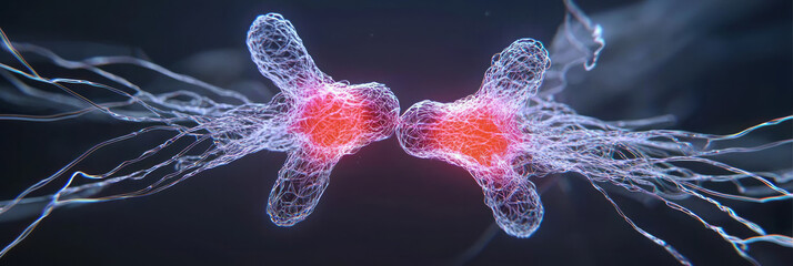 A 3D-rendered animation frame of a cell splitting into two daughter cells, highlighting the intricate movements of chromosomes and spindle fibers,