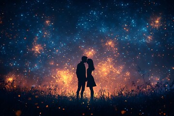 Fototapeta premium A silhouetted couple holding hands and kissing amidst fireworks on Valentine's Day, with a romantic, warm feeling. Perfect for Valentine's Day ads, greeting cards, or love-related campaigns.