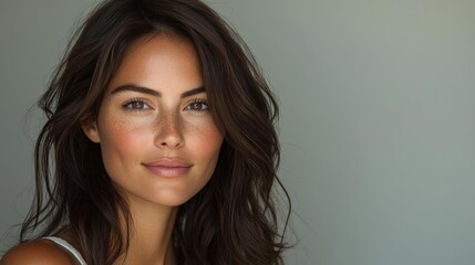 Naklejka premium Smiling young woman with wavy brown hair closeup natural shot soft light. Generative AI