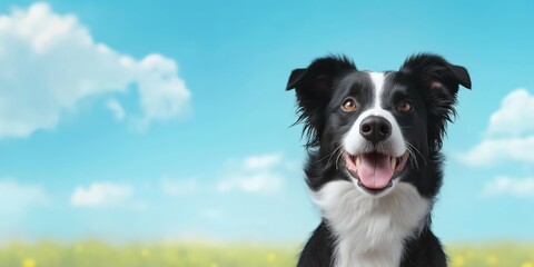 Fototapeta premium A black and white dog is smiling and looking at the camera. The sky is blue and there are clouds in the background