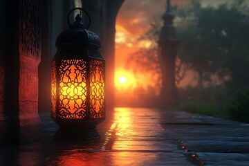Illuminated Lantern on Wooden Surface with Misty Sunset Backdrop


