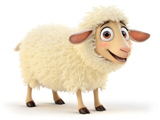 Adorable 3D cartoon cute sheep standing happily, isolated on a white background