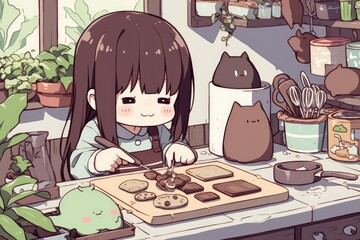 Girl Baking Delicious Chocolate Cookies In Cozy Kitchen