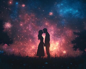 A silhouetted couple holding hands and kissing amidst fireworks on Valentine's Day, with a romantic, warm feeling. Perfect for Valentine's Day ads, greeting cards, or love-related campaigns.