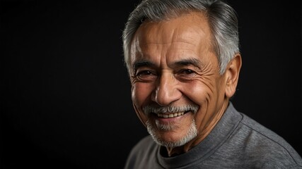 Obraz premium elderly hispanic male in casual wear on black background model portrait smiling for ad concept space for text