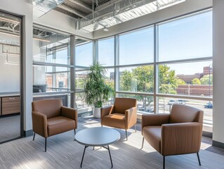 Fototapeta premium A contemporary office space with modern interior design, featuring clean lines, ergonomic furniture, and large windows allowing plenty of natural light.