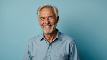 Obraz premium elderly caucasian male in casual wear on pastel color background model portrait smiling for ad concept space for text