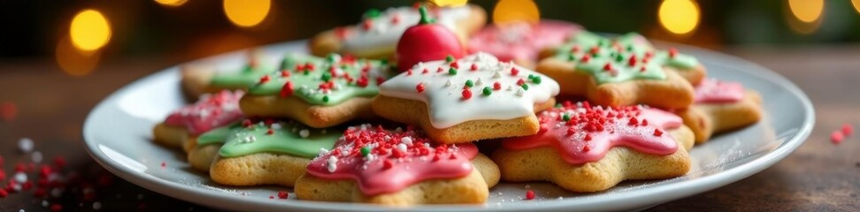 Obraz premium A delicious plate of Christmas cookies with icing and sprinkles, Desserts, Holiday indulgences, Holiday treats