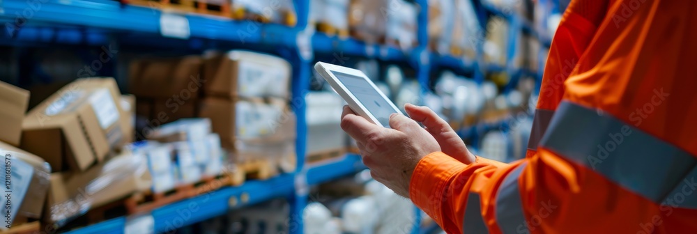 Poster Close-up of a warehouse worker wearing an orange hi-vis jacket using a digital tablet to manage inventory in a large storage facility. Rows of shelves are stocked with various boxes and items.