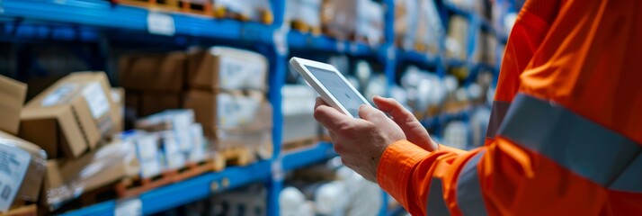 Close-up of a warehouse worker wearing an orange hi-vis jacket using a digital tablet to manage inventory in a large storage facility. Rows of shelves are stocked with various boxes and items.