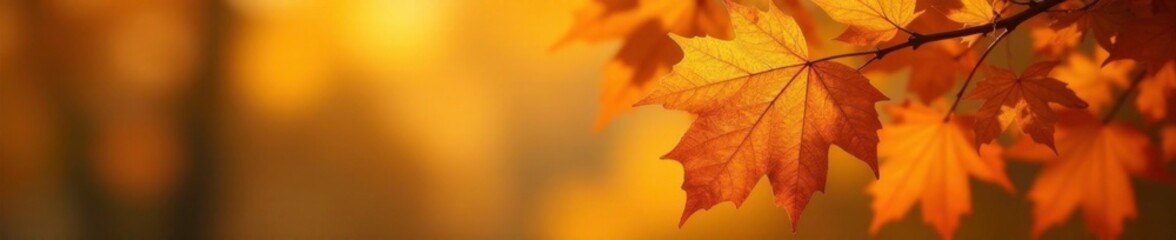 Fototapeta premium Golden hue of autumn leaves on oak branch details, orange, nature, closeup