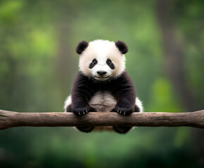 Obraz premium A baby panda sitting on a seesaw, tipping back as it tries to balance.
