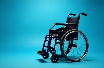 Fototapeta premium Modern wheelchair on blue background with copy space . Disabled, mobility problem
