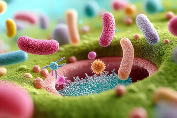 A vibrant illustration of the human gut microbiome, showcasing diverse bacteria species interacting within the digestive system with colorful and detailed textures,