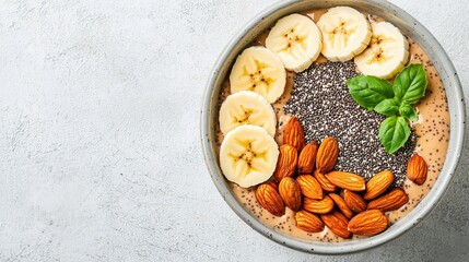 Vegan smoothie bowl preparation kitchen food photography modern environment top view healthy lifestyle
