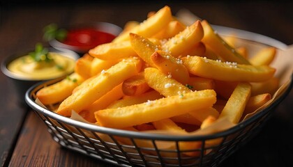 Golden French Fries Served in a Basket with Dips