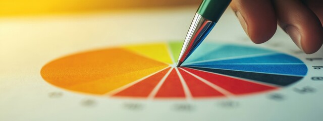 Colorful Pie Chart Analysis with Hand Holding Pen on Financial Report for Business Presentation and Strategy Planning