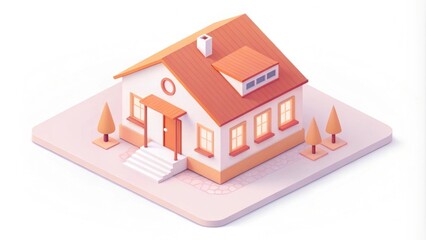 A charming, stylized house with a sloped roof, large windows, and surrounding trees, showcasing a warm and inviting aesthetic.