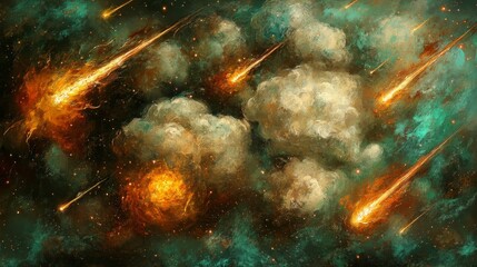 Cosmic Cloudscape Impasto Painting of Fiery Meteors, Space Art, Abstract Texture Space, Meteors