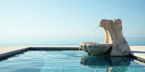 Fototapeta premium Serene stone fountain cascading water into a tranquil pool overlooking a calm ocean, a picture of peaceful serenity.