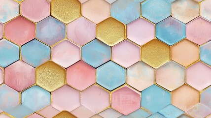 Mosaic tiles  Japanese washi concept. A vibrant hexagonal tile pattern featuring pastel colors and glittering accents, perfect for modern decor and artistic designs.