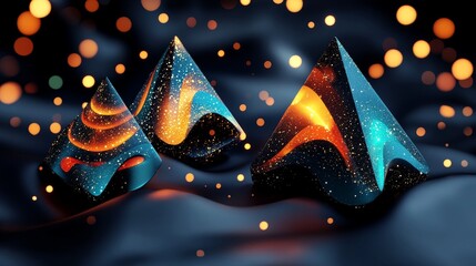 Glowing Pyramid Composition Abstract 3D Render, Dark Background, Gold and Blue Sparkle, Abstract Art Abstract art, 3D render